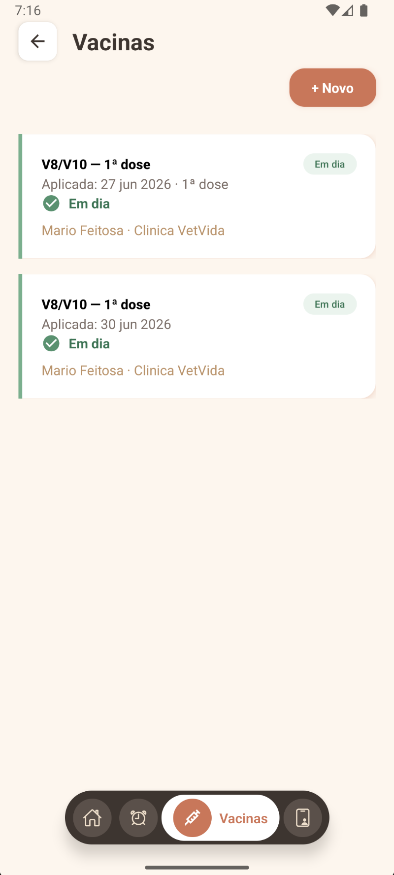 Tela de vacinas do MeuBichim